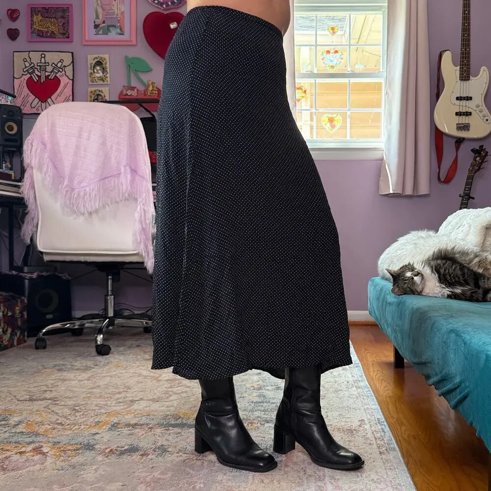 Vintage 90s black and white polka dot maxi skirt